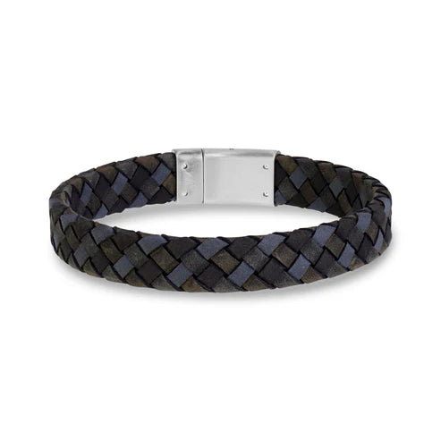 Black Blue Gray Leather Bracelet 8 inch