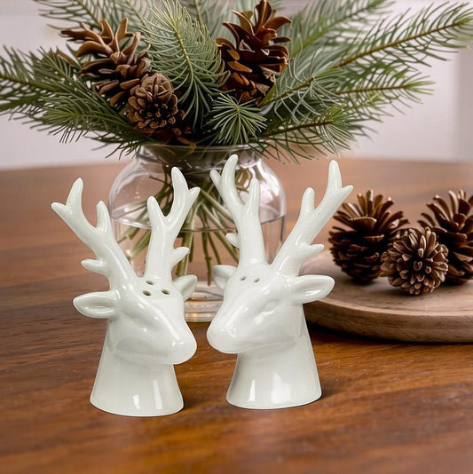 Simple Stag Head Salt & Pepper White 4"H