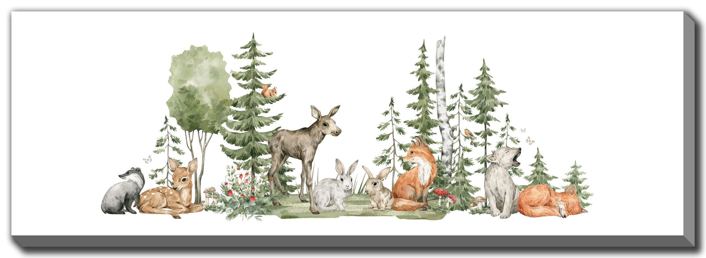 Woodland animals canvas art featuring forest friends including deer, fox, and rabbit in multicolor design, 12x36 inches with natural wood frame for nursery decor
