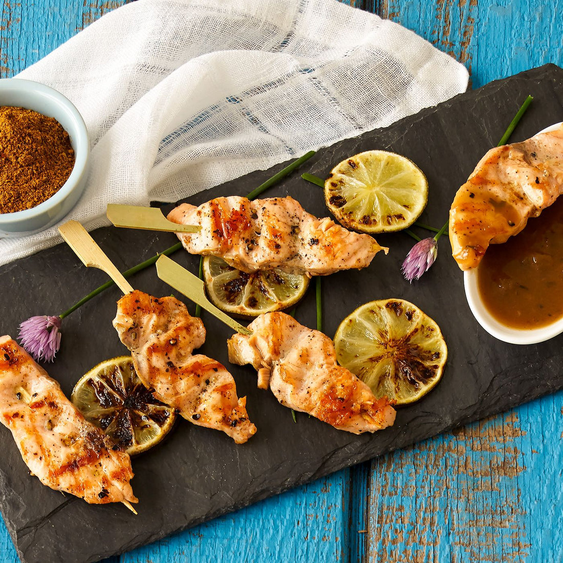 Salmon Satay with Wasabi Ginger Dipping Sauce