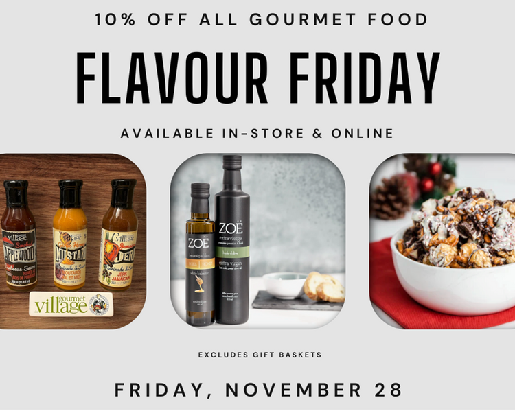 Holiday gourmet food gifts including chocolates, sauces, and spreads from Canadian and international brands