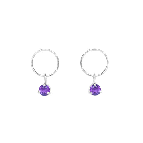 Hand Hammered Circle + Faceted Stone Amethyst Earrings