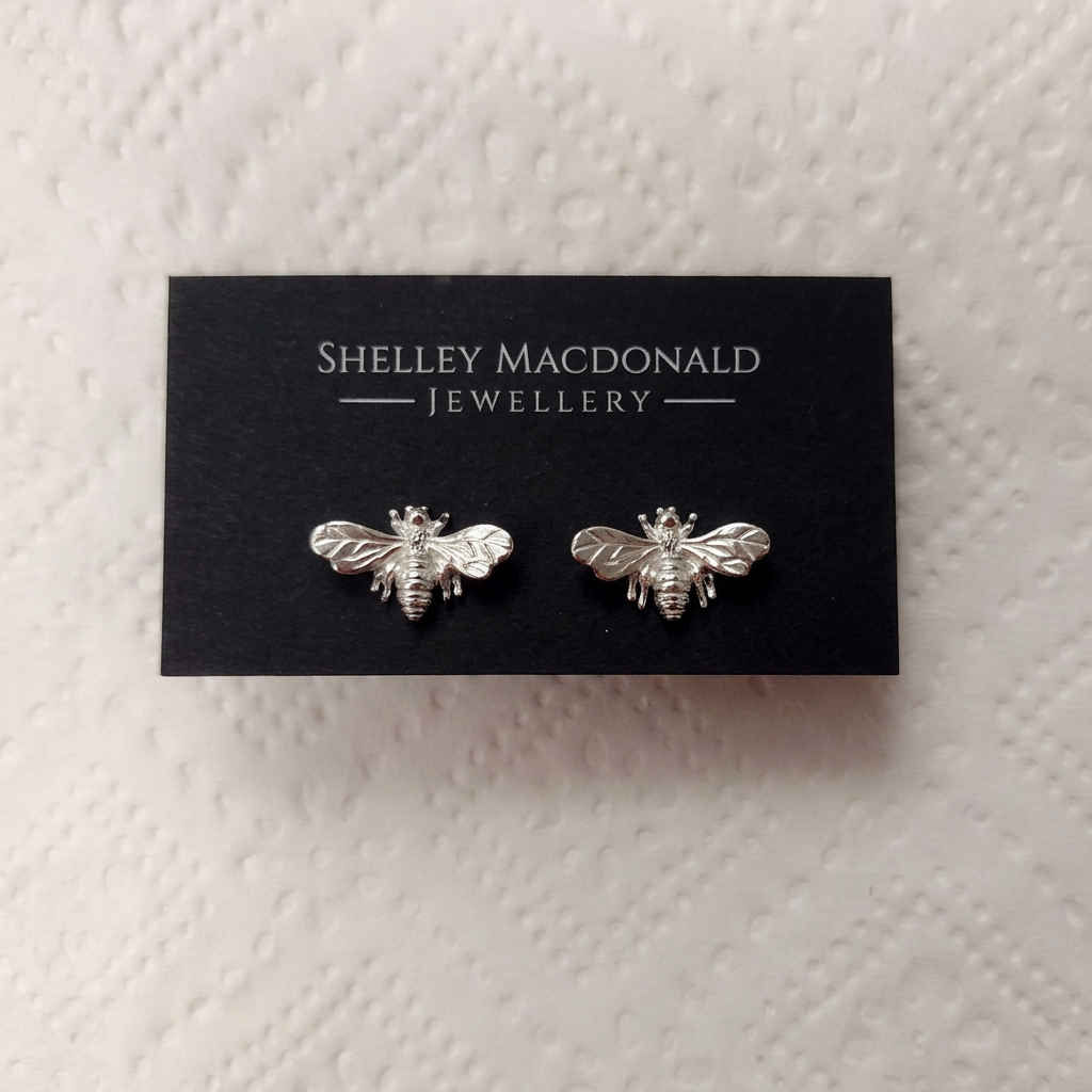 Bee earrings with Shelley’s name at the top
