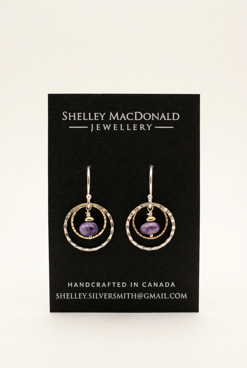 Crimped Round Dangle Charoite Earrings with a cleaner background