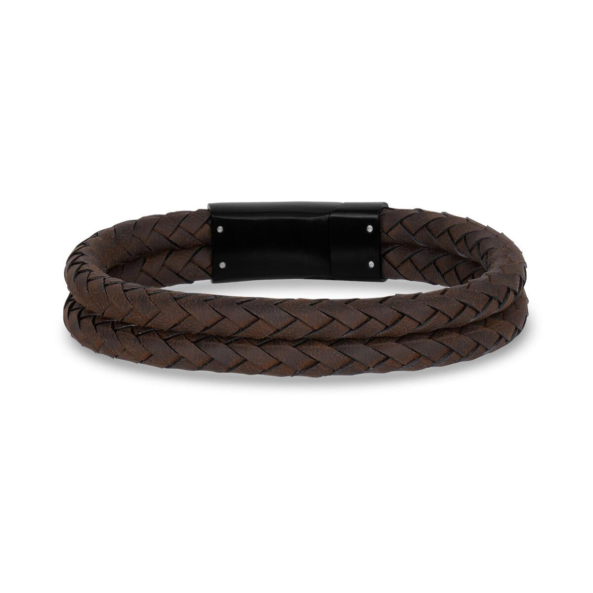 Double Row Brown Leather Black Clasp Bracelet